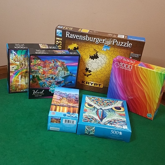 6 Puzzles Mixed Lot 500/1000 Pieces Used Color Owl